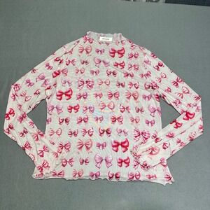 Nylon Apparel Y2K Sheer Mesh Top Pink Bow Long Sleeve Mock Neck Lettuce Trim 3XL
